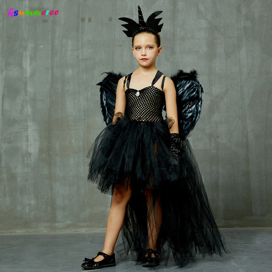 Черное нарядное платье-пачка для девочек на Хеллоуин с v-образным вырезом со