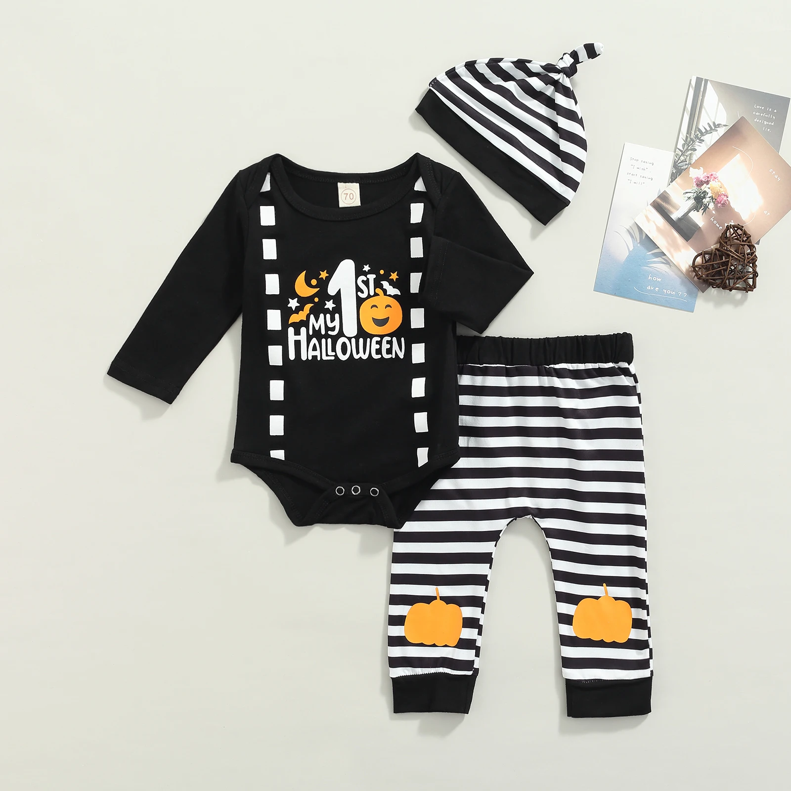 

3Pcs Baby's Sets Letter Printed Long Sleeve Rompers Striped Elastic Trousers Hat Toddler Boys Spring Autumn Clothing 0-18 Months