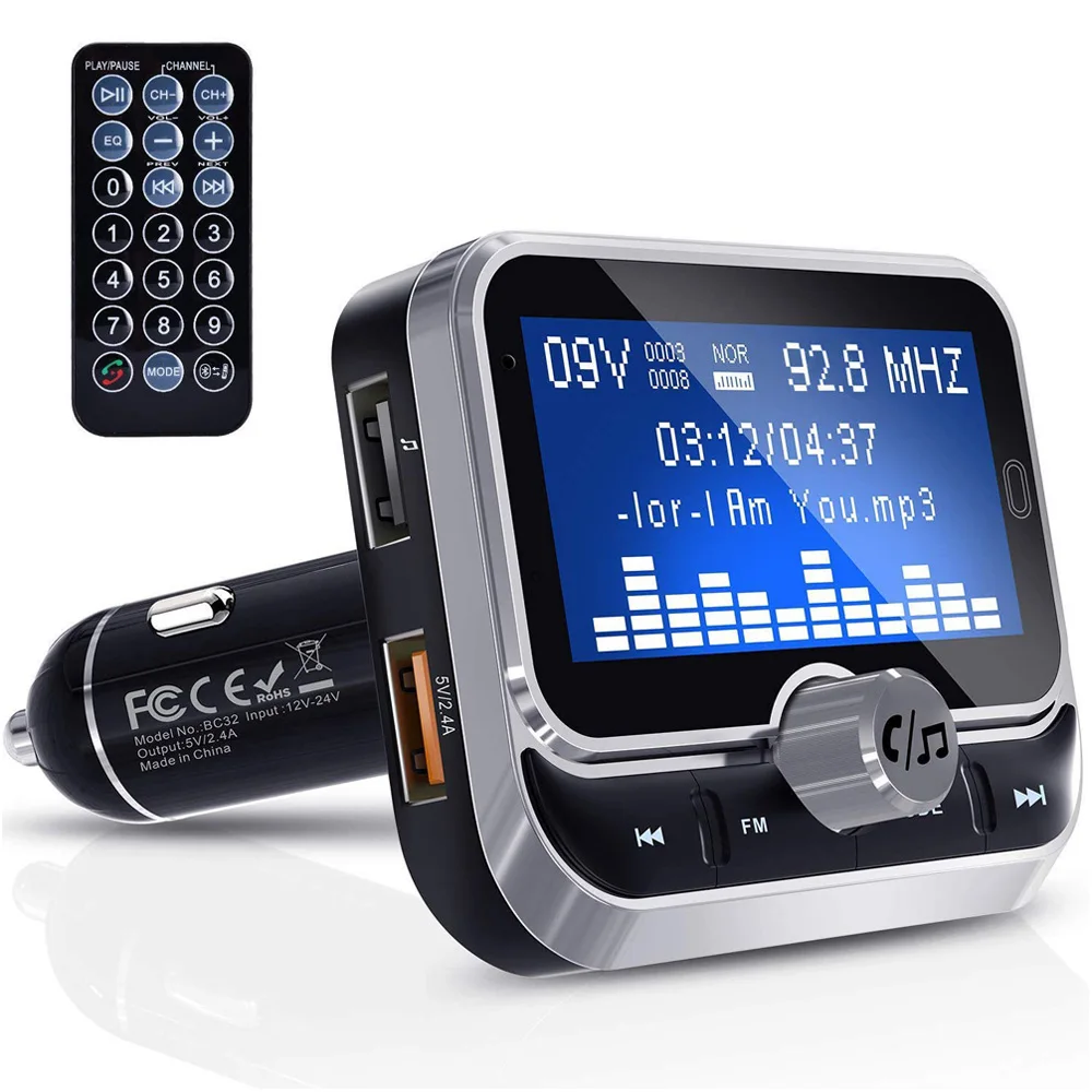

2021 Car FM Transmitter With Remote Control USB Disk and Car Charger 1.8" LCD Bluetooth MP3 Player Handsfree FM Modulator 2.4A