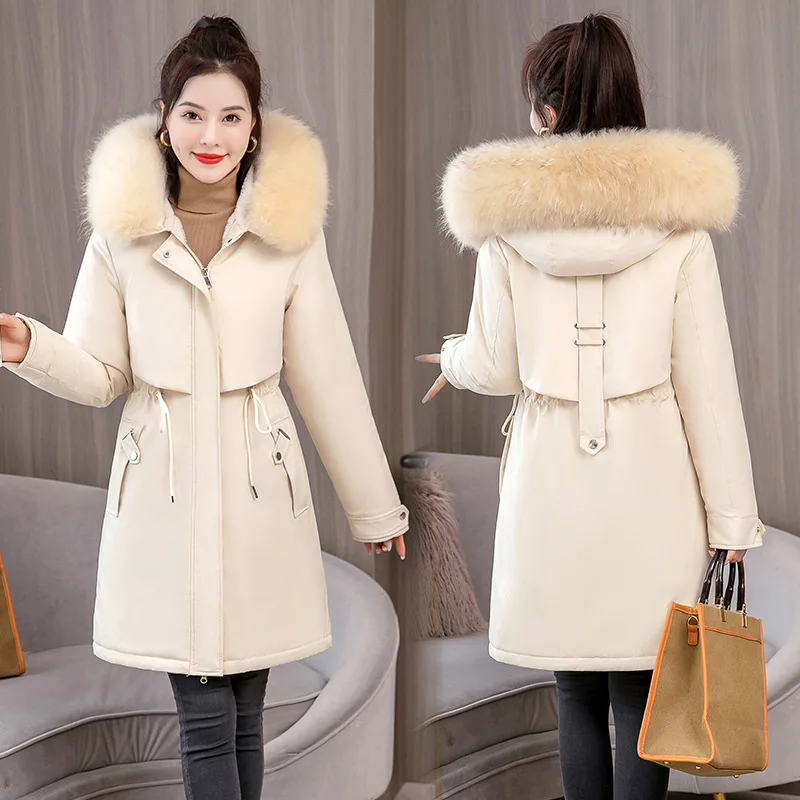 6XL Cotton-padded Jacket Women's Padded Cotton-padded Coat Hooded Big Fur Collar Middle and Long Style To Overcome Women.