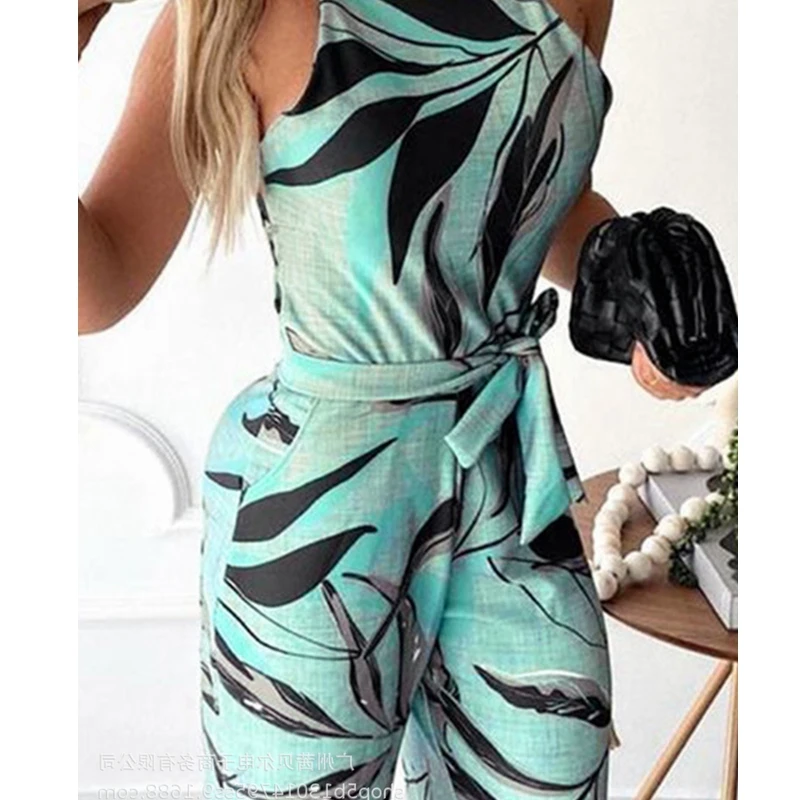 

Mandylandy Plant Print Sleeveless Jumpsuits Women High Waist Side Tied Slim Jumpsuit Wide Leg Pants Romper Sleeveless Jumpsuit