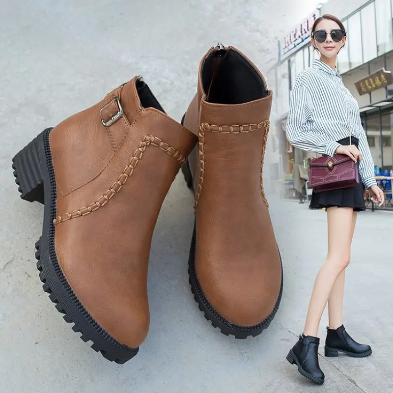 

2021 Winter New Women PU Leather Martin Boots Chunky Shoes Ladies Antislip Ankle Boots Waterproof Heighten Shoes Female Mujer