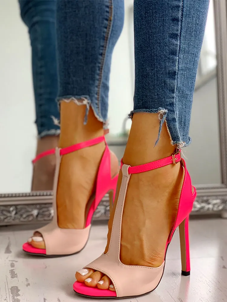 

Peep Toe Colorblock Slingback Thin Heels ,eye-catching hot pink