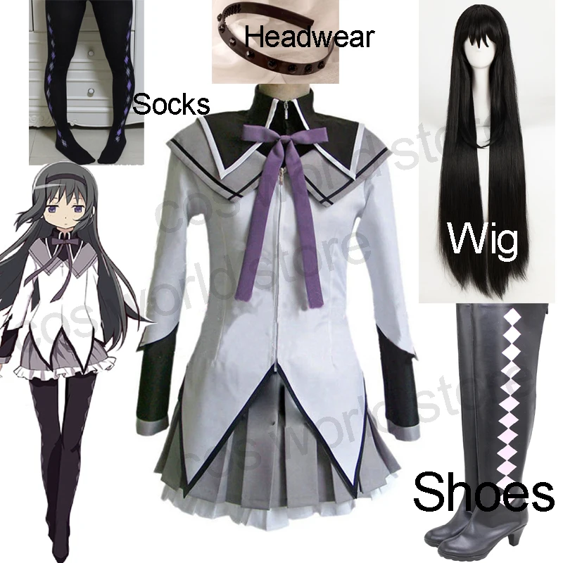 

Костюм для косплея Puella Magi Madoka Magica Akemi Homura Женская юбка серое пальто парик на Хэллоуин роаль-плей головной убор носки обувь костюмы