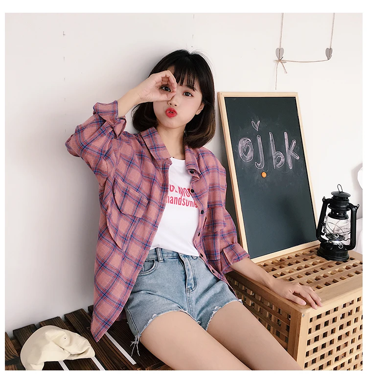 

Women Summer Shirts Kawaii Ulzzang Lovely Casual Loose Retro Plaid Shirt Female Sweet Harajuku Tunic For Women 's Cute Top Japan