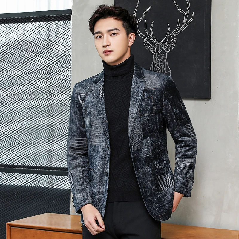 Gzdeerax мужской пиджак из синего плюша роскошный однобортный бархатный