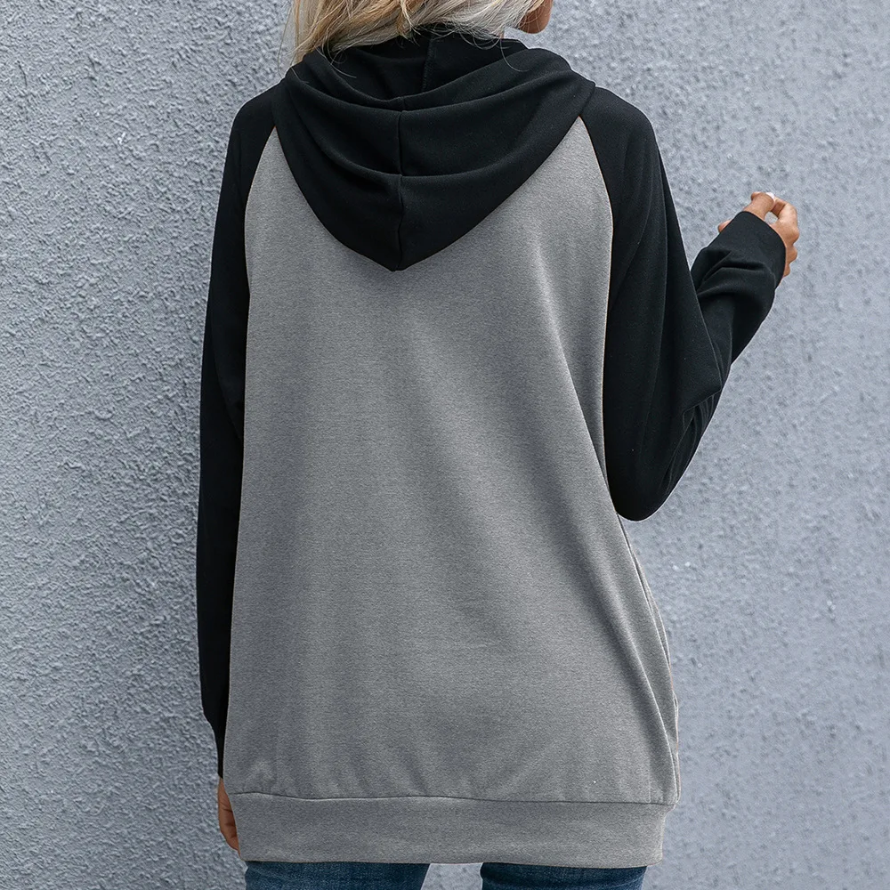 

Autumn And Winter Fashion Long Hoodies For Women's Long-sleeve Hooded Sweatshirts Ladies Casual Color Block Pullover Pocket Tops