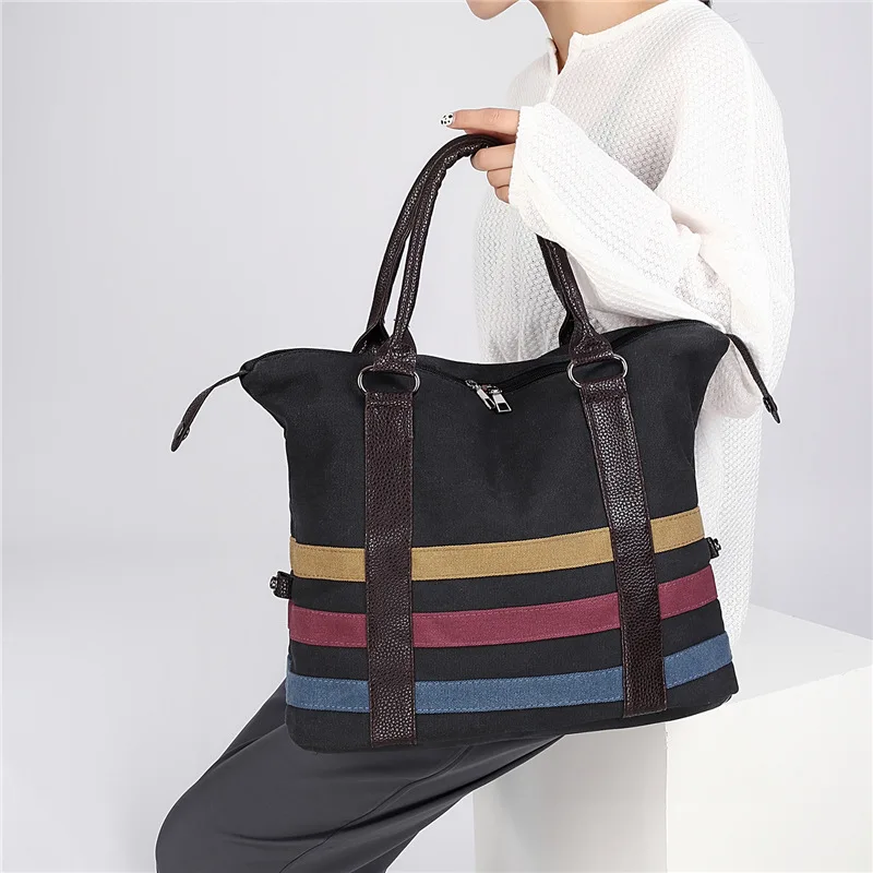 

Сумка-тоут женская тканевая с цветными полосками, повседневный саквояж на плечо, диагональная вместительная сумочка для покупок, чемоданчи...