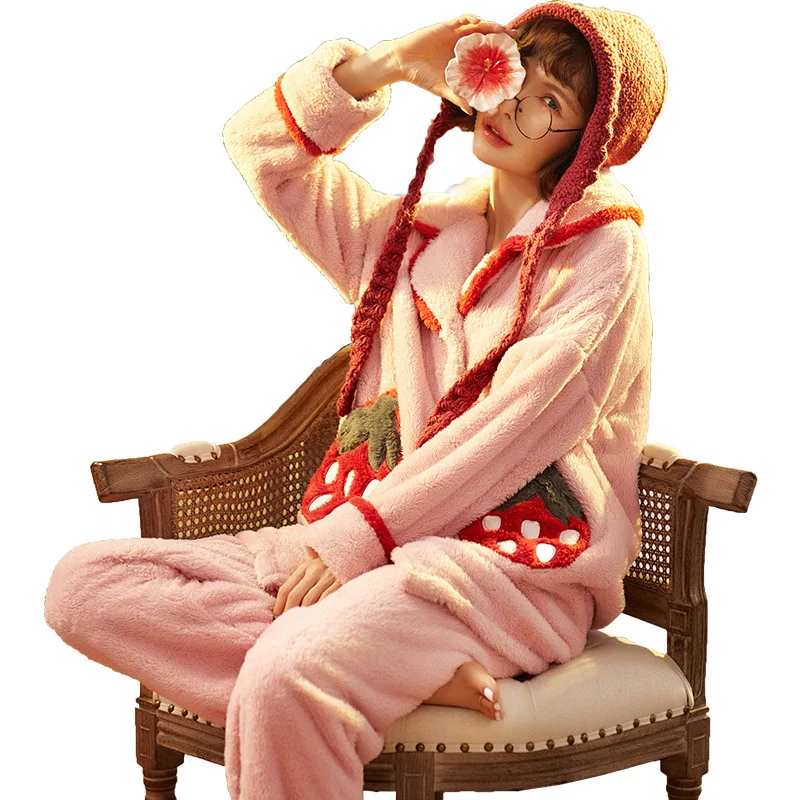 

Winter new coral velvet pajamas women warm cardigan sweet lovely flannel home wear set factory direct sales