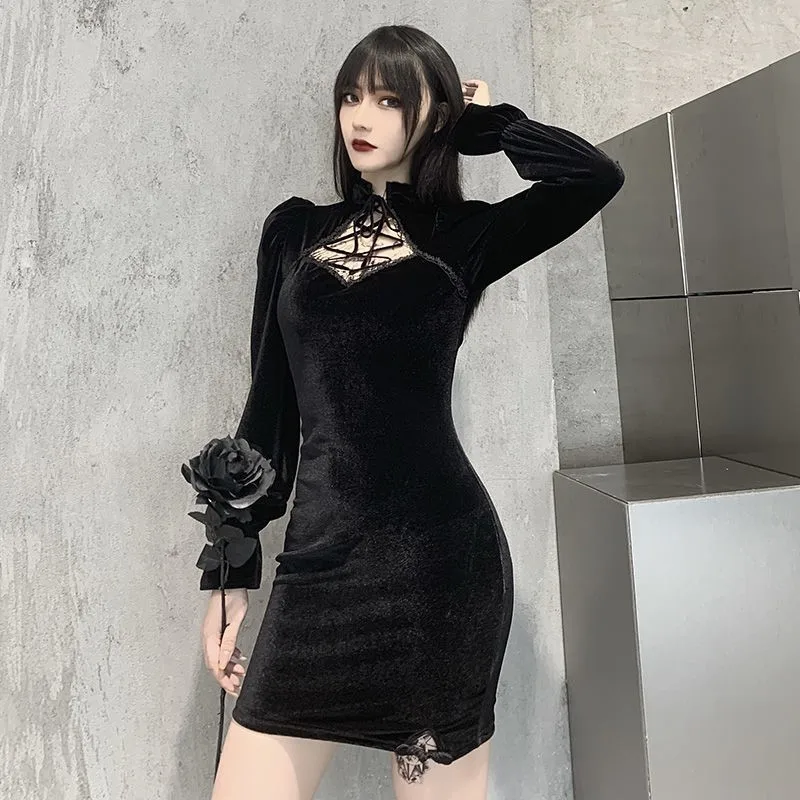

Romantic Gothic Velvet Aesthetic Dresses Vintage Women Black Bandage SlitHem Bodycon Dress Sexy Evening Wear Cheongsam
