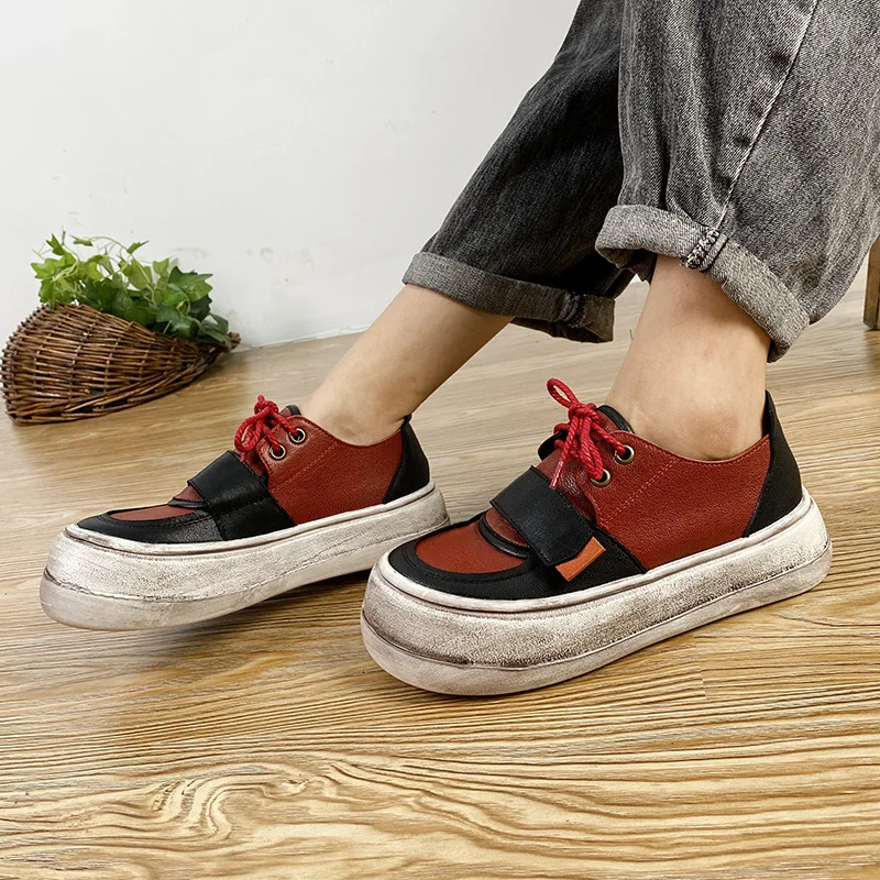 

Birkuir Genuine Leather Flat Platform Shoes Handmade Dirty Women Shoes 2021 New Round Toe Lace Up Leisure Punk Ladies Shoes