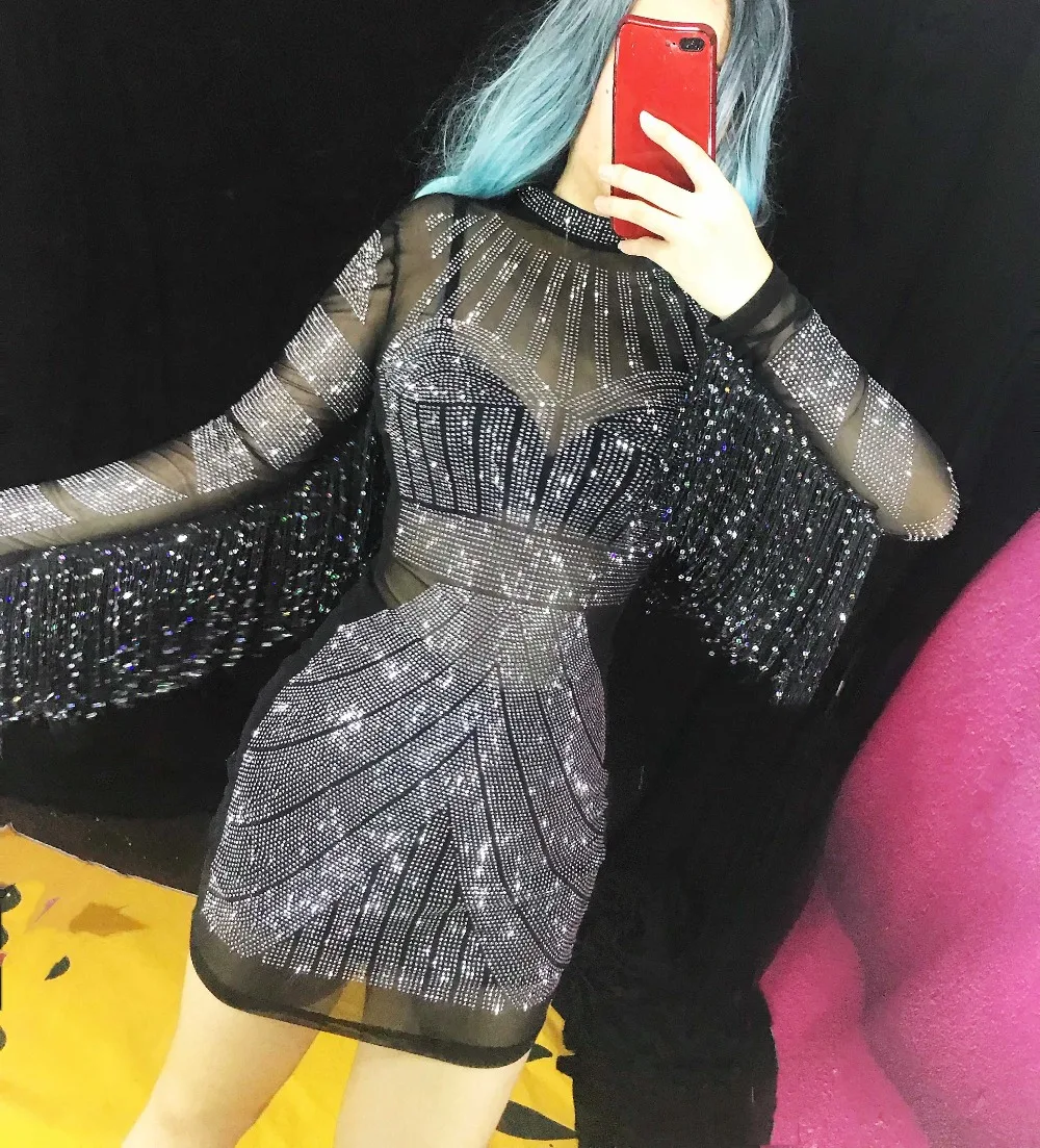 Сетчатое прозрачное женское платье черное сексуальное с кисточками и рукавами