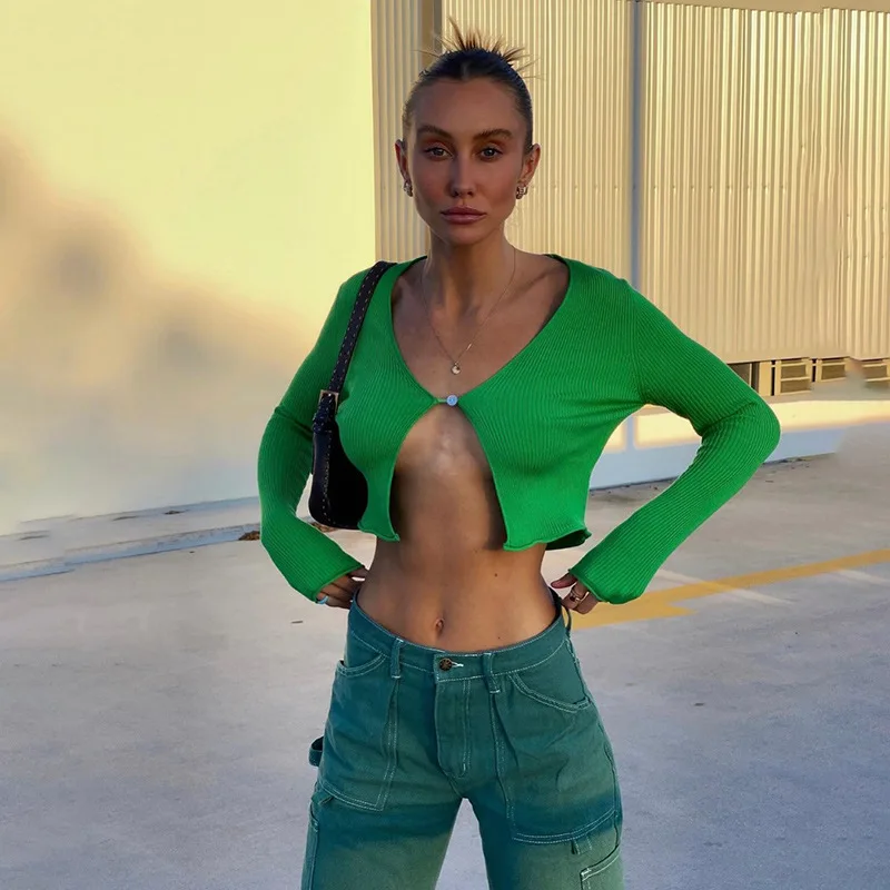 

Knitted t shirts Women Tops Tee Button Up Sexy V-neck Long Sleeve Autumn 2021 New Trendy Fashion Vintage Streetwear Aesthetic