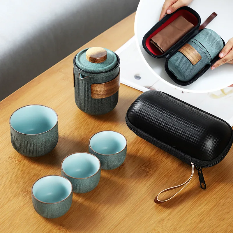 

Black Pottery Kungfu Tea Cup, Portable Travel Tea Set with Leather Bag, 1pcs Pot and 4pcs Cups