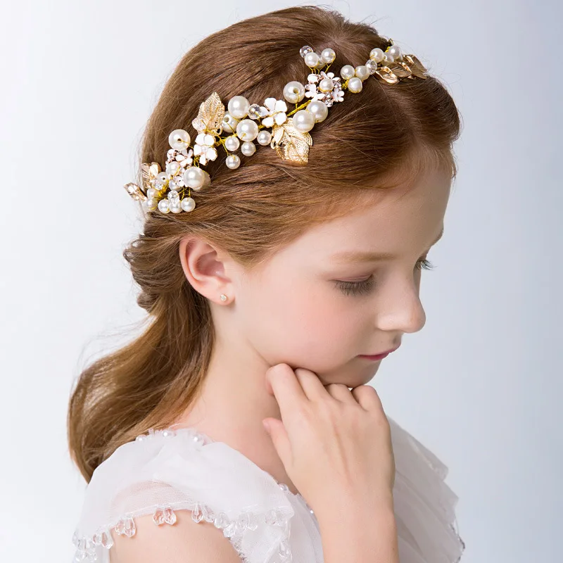 

New Fashion Crystal Headband Bling Imitation Pearl Rhinestone Alloy Leaf Headband For Kids Girls Gift Children's day performance