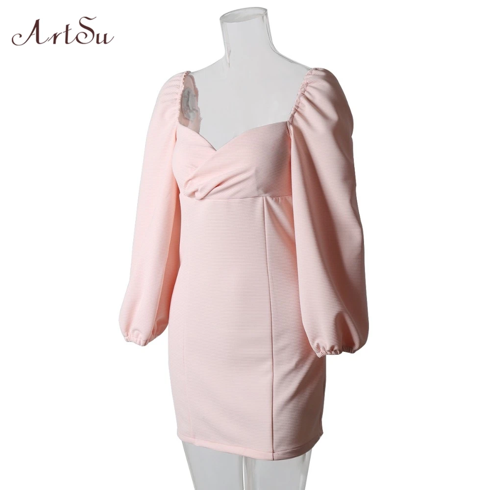 

ArtSu Autumn Winter Puff Sleeve Mini Dress Women New Zipper Long Sleeve Bodycon Pencil Dress Party Pink Dress ASDR60314