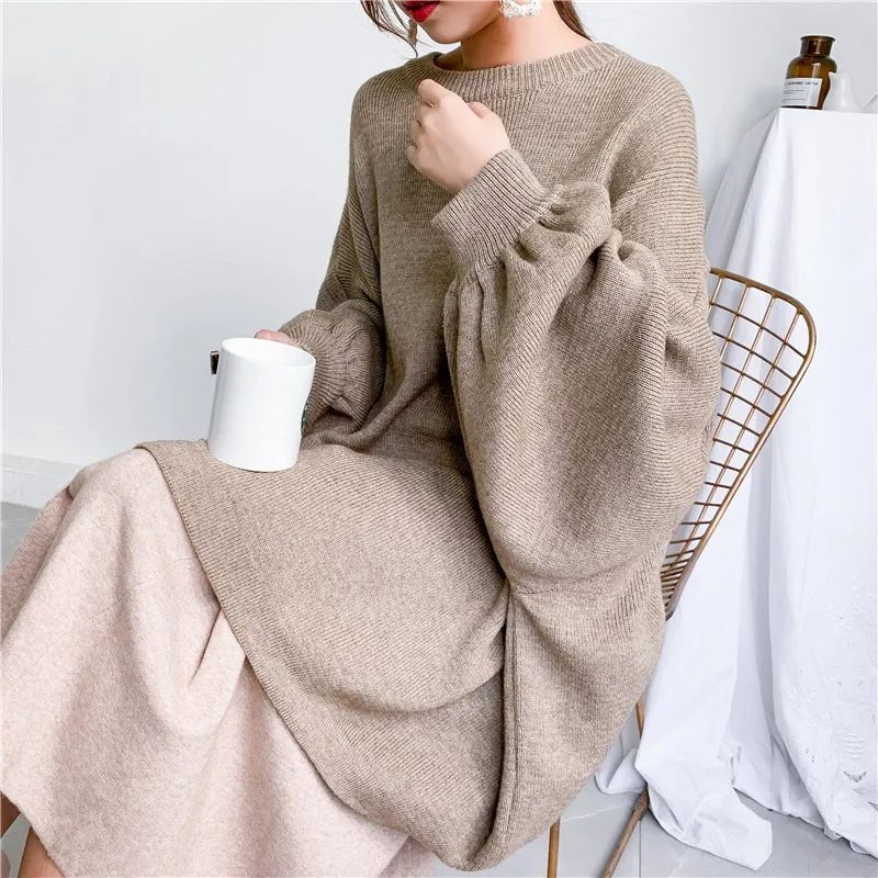 

Lantern Sleeve Oversized Knitting Sweater Loose Style Round Neck Long Sleeve Women Pullovers 2020 Fashion Warm Winter Clothing