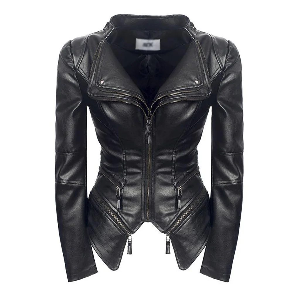 

Gothic Faux Leather Coats Women Autumn Winter Black Fashion Zipper Motorcycle Outerwear Faux Leather PU Jacket Punk Coat Hot