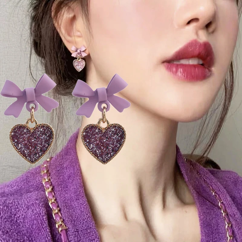 

Classic Heart Acrylic Women Stud Earrings Sweet and Lovely Bow Tie Pink Purple Love Earrings Fashion Jewelry Womens Accessories