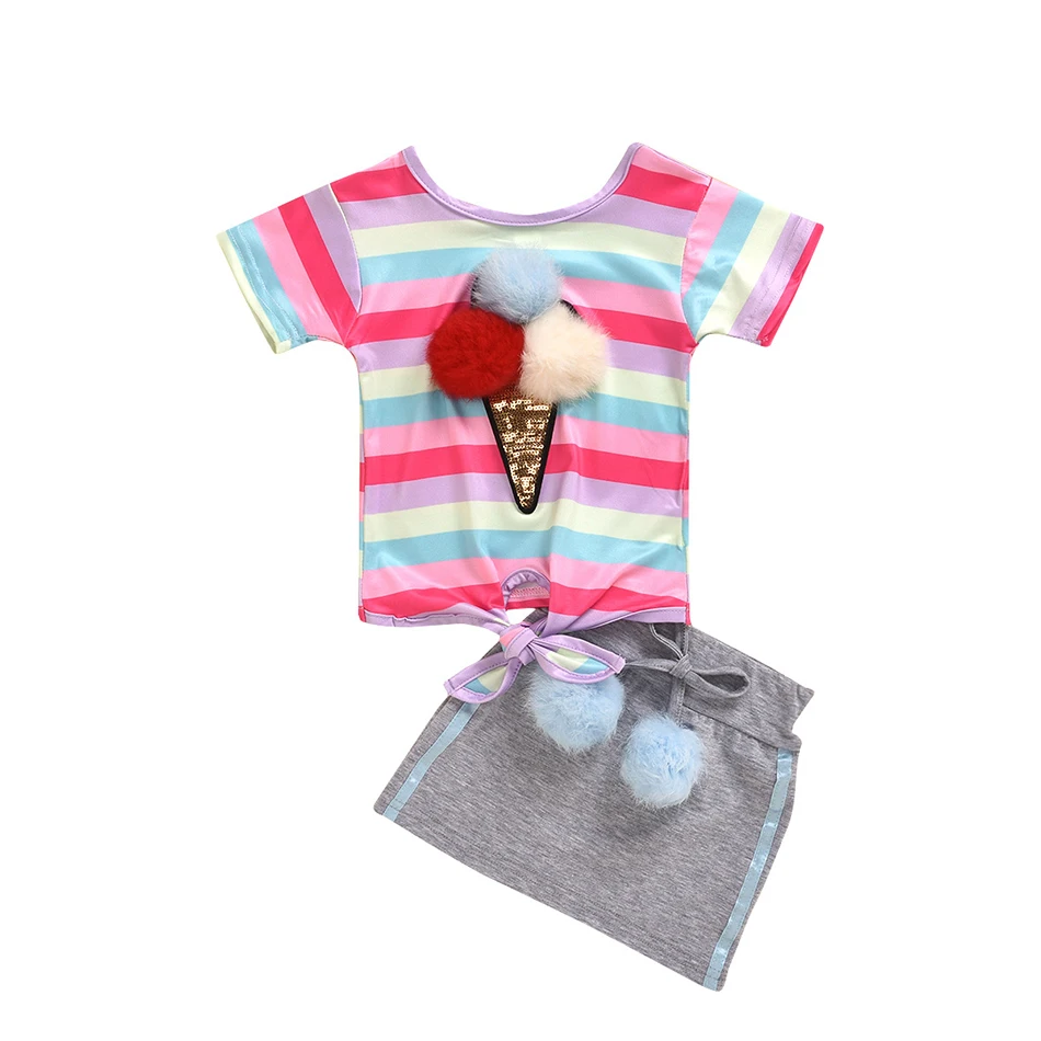 

Girls Clothing Sets Cute Pompom Plaid Patchwork T-Shirt + Short Pants Cartoon Flamingo Kids Suit 6M-5T