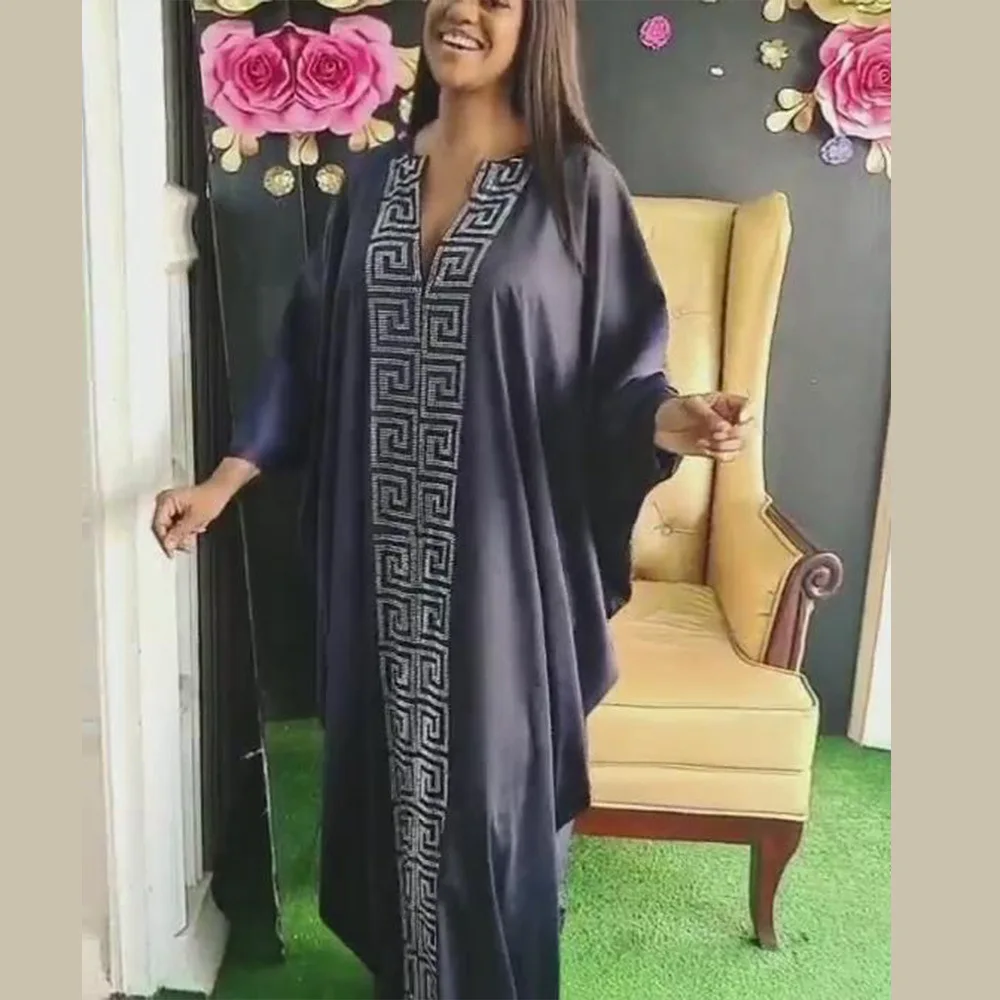 

African Design Silk Dashiki Dress Beading Abaya Bat Bandage Maxi Bazin Vintage Long Sleeve Robe Gowns Africa Sexy Lady Party