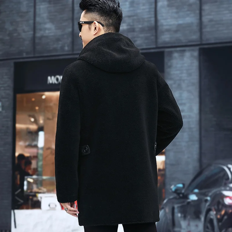 

Luxury Men Medium Long Wool Trench Coat Business Fashion Natural Leather Fur Hooded Coat Winter Streetwear Warm Slim Jacket