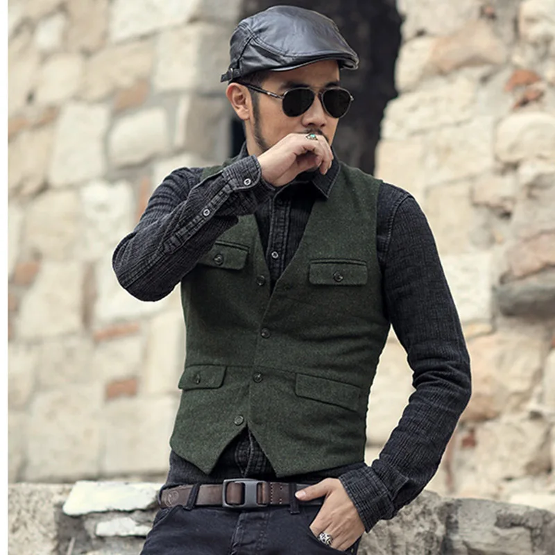 Для мужчин новые зимние army green шерстяные мульти-Карманы костюм жилет slim военные