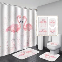 Valentine's Day Shower Curtain Pink Crane Bathroom Curtains Non-slip Rugs Toilet Cover Carpet Bath Mats Set Home Decoration