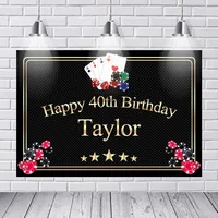 Casino Las Vegas Card Party Backgrounds for Photo Studio Black Gold Frame Text Happy 40th Birthday Backdrop 7x5ft Vinyl