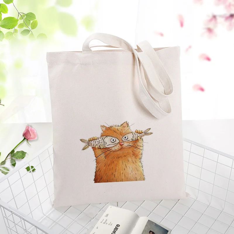 Холст сумка для покупок текст DIY ежедневное использование пользовательский принт Логотип эко многоразовая утилизация кошка