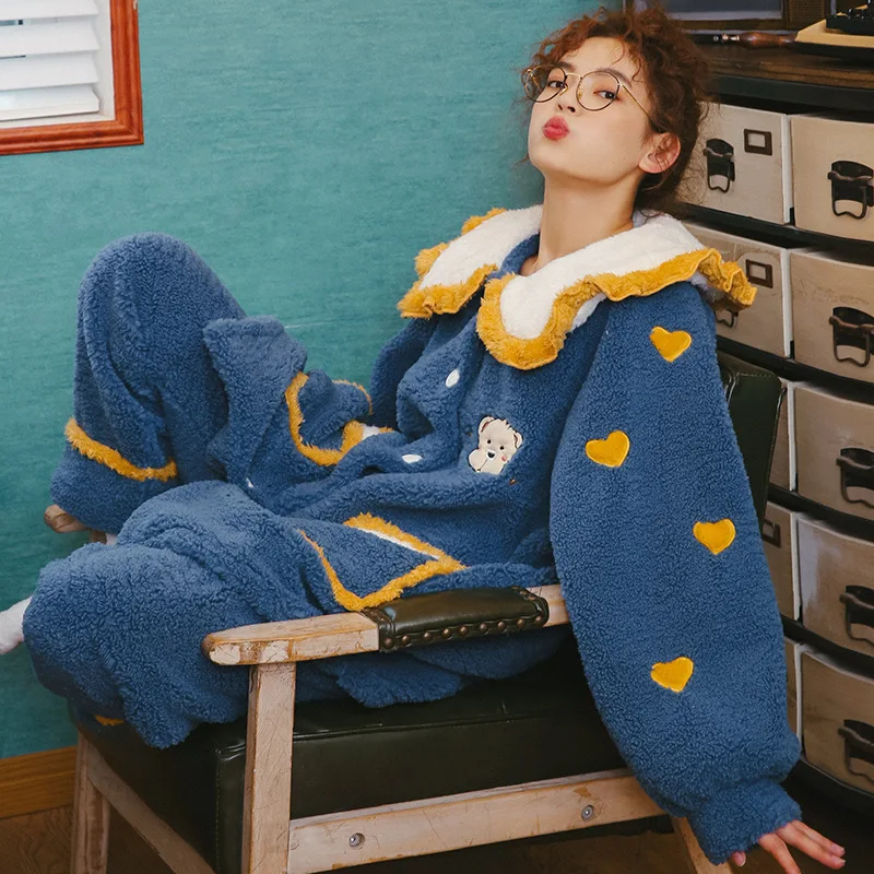 

Coral Fleece Thick Warm 2-piece Set Women's Pajamas Long Sleeve Lotus Leaf Lapel Blue and White Contrast Home Sleeping Clothes