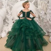 2020 green flower girl dresses new arrival beaded applique lace long sleeves ball gown communion dress pageant dresses for girls