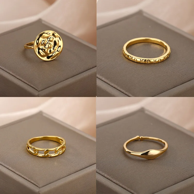 

Simple Stainless Steel Geometry Couple Rings Gold Flower Cross Chain Female Finger Ring Christmas Jewelry Gift Bijoux Femme 2021