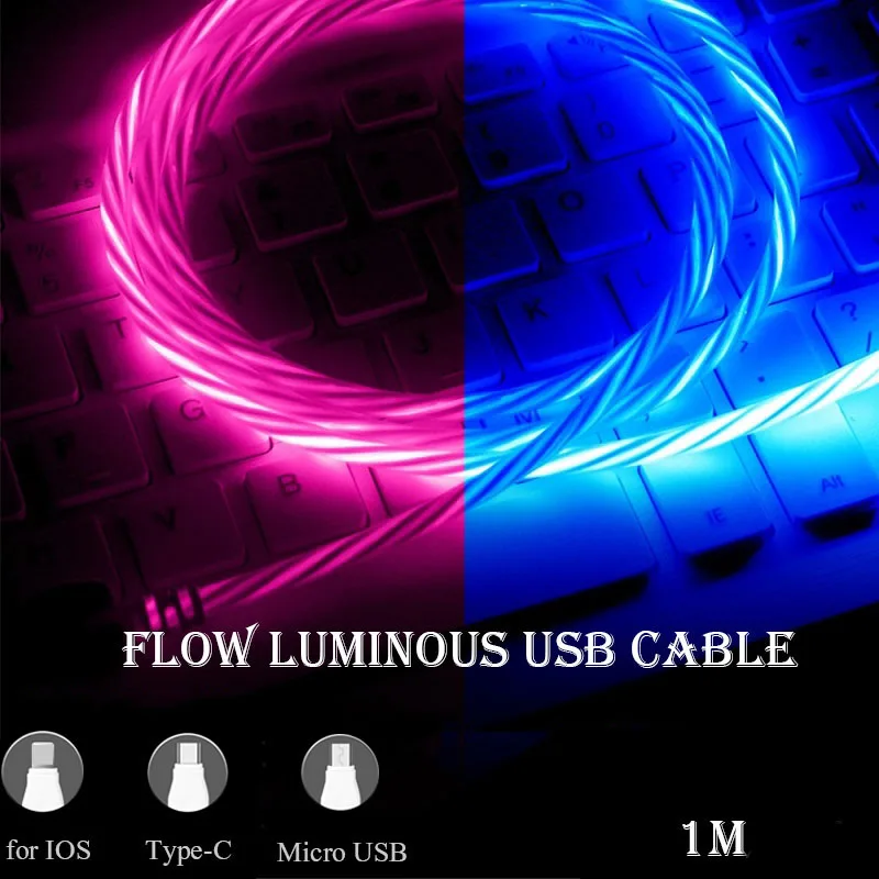Светодиодный светящийся зарядный кабель Micro USB Type C для iPhone Samsung A70 A80 J2 Core J3 J5 J7 A5 J1