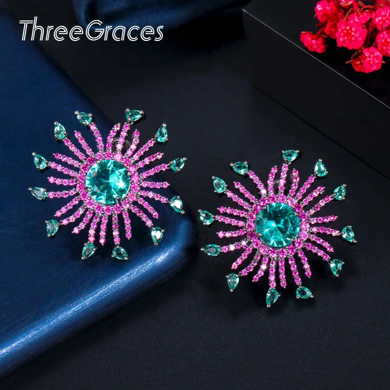 

ThreeGraces модные серьги-гвоздики с большим цветком, ярко-розовые, синие, с кубическим цирконием для женщин, Роскошные вечерние ювелирные издели...