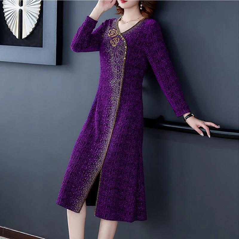 2019 новое зимнее модное женское фиолетовое длинное платье с v-образным вырезом и