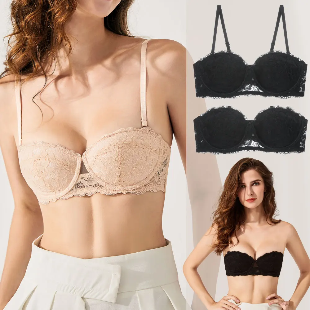 Strapless Bra Sexy Lace Push Up Bras Tube Top 1/2 Cup Bralette Women Floral Wedding Brassiere One Piece Underwear Biustonosze