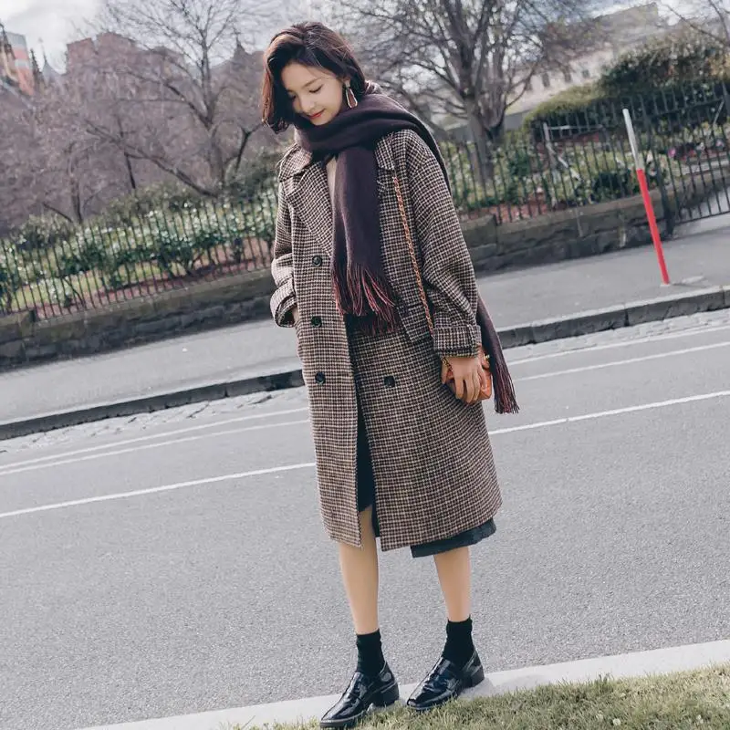 Зимние женские шерстяные пальто с рисунком гусиные лапки модные коричневые