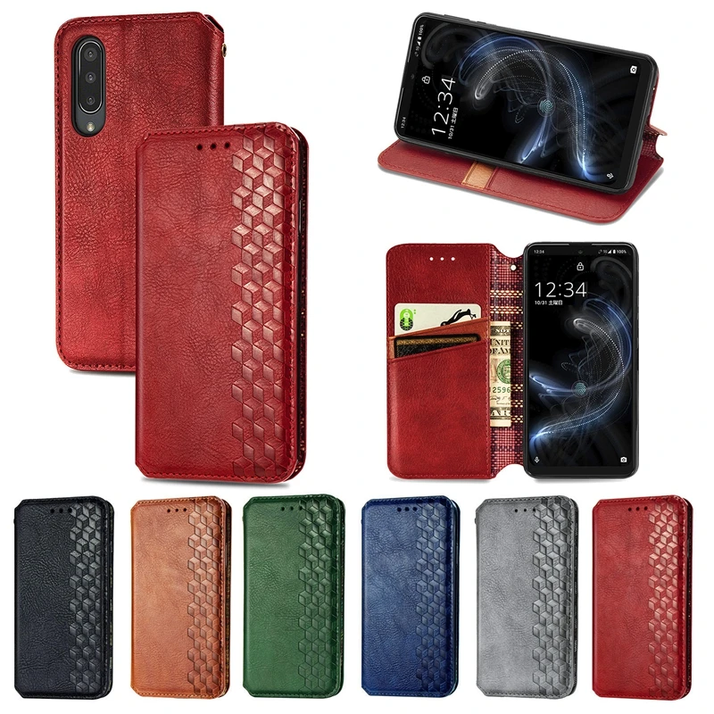 10Pcs PU Leather Wallet Flip Phone Cover TPU Lattice Case for Sharp R3 AQUOS zero2 SHV47 AQUOS R5G Sense3Lite SensePlus Sense4 5