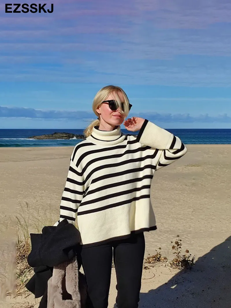 

Женский свитер оверсайз в полоску, трикотажный Повседневный свободный свитер с длинным рукавом и разрезом сбоку, 2021