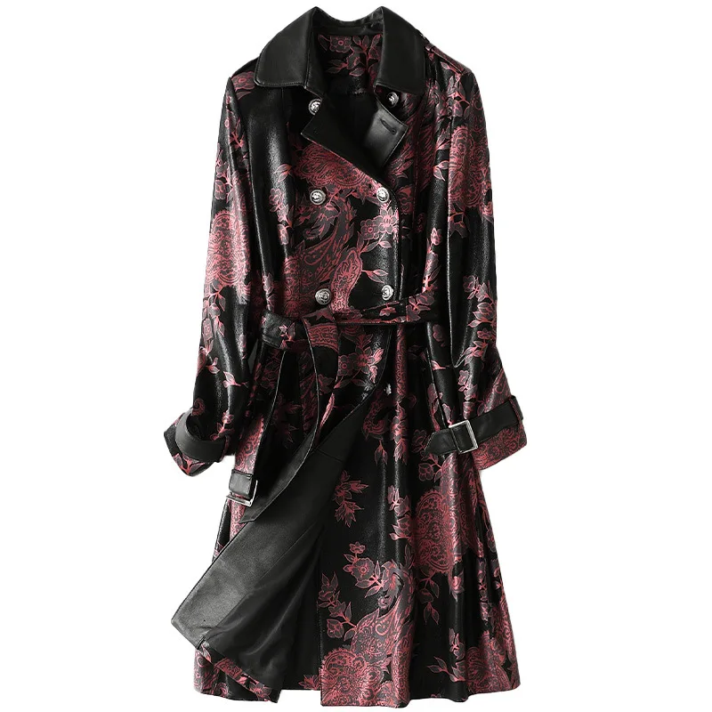 2021 Spring Real Soft Sheepskin Coat Slim Long High Quality Genuine Leather Jacket Print Windbreaker Female High Street Wear