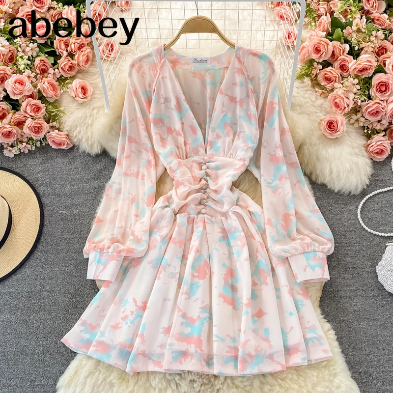 

Женское плиссированное платье-трапеция средней длины, платье с V-образным вырезом, рукавами-фонариками и высокой талией, весна-осень 2021