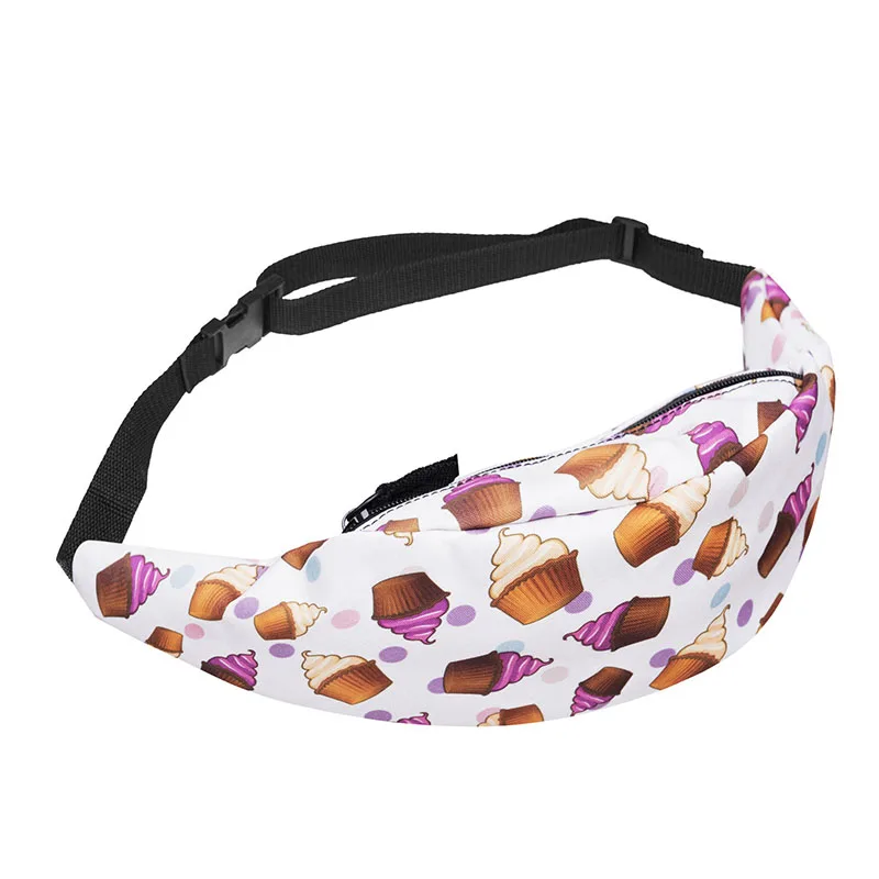

100PCS / LOT New Cartoon Waist Bag Cake Fruit 3D Printing Fashion Waist Bag Women Fanny Packs Belt Bum Bag Waist Packs