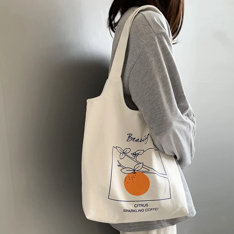 

W&G New Fruit Orange Canvas Bag Female Literary Japanese Student Vest Ins Simple Portable Printing Shoulder Bag 2021