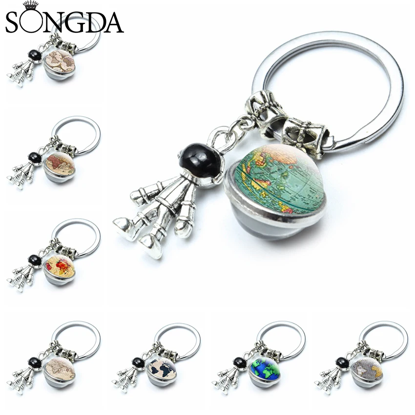 

Vintage Steampunk World Map Keychain Globe Earth Planet Double Side Glass Ball Chains Astronaut Robot Spaceman Key Ring Pendant