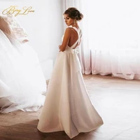 a line white bride dress long beach wedding dress scoop neck wedding gown simple elegant bridal bow back silver belt boho dress