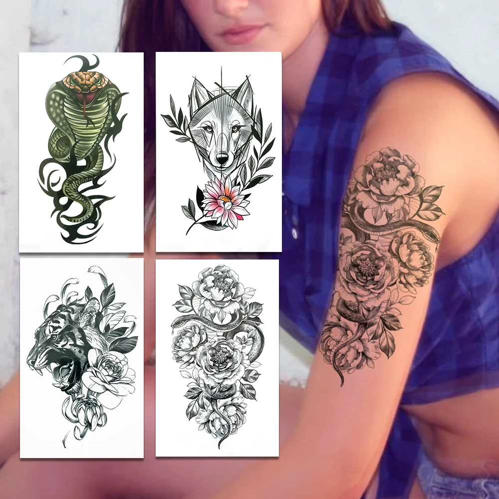 

Временные татуировки для женщин и мужчин, змея, маргаритки, цветы, волка, пот, Горох, тату-наклейка, тигр, бергамот, передача воды, искусственн...