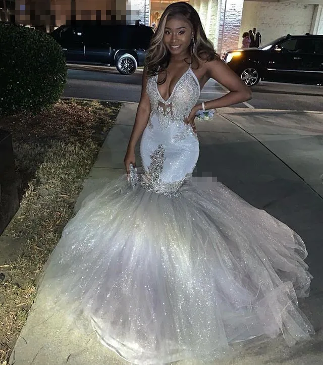 Glitter Silver Sexy V-Neck Mermaid Prom Dresses 2020 Spaghetti Straps African Long Formal Evening Gowns Graduation Party Dress