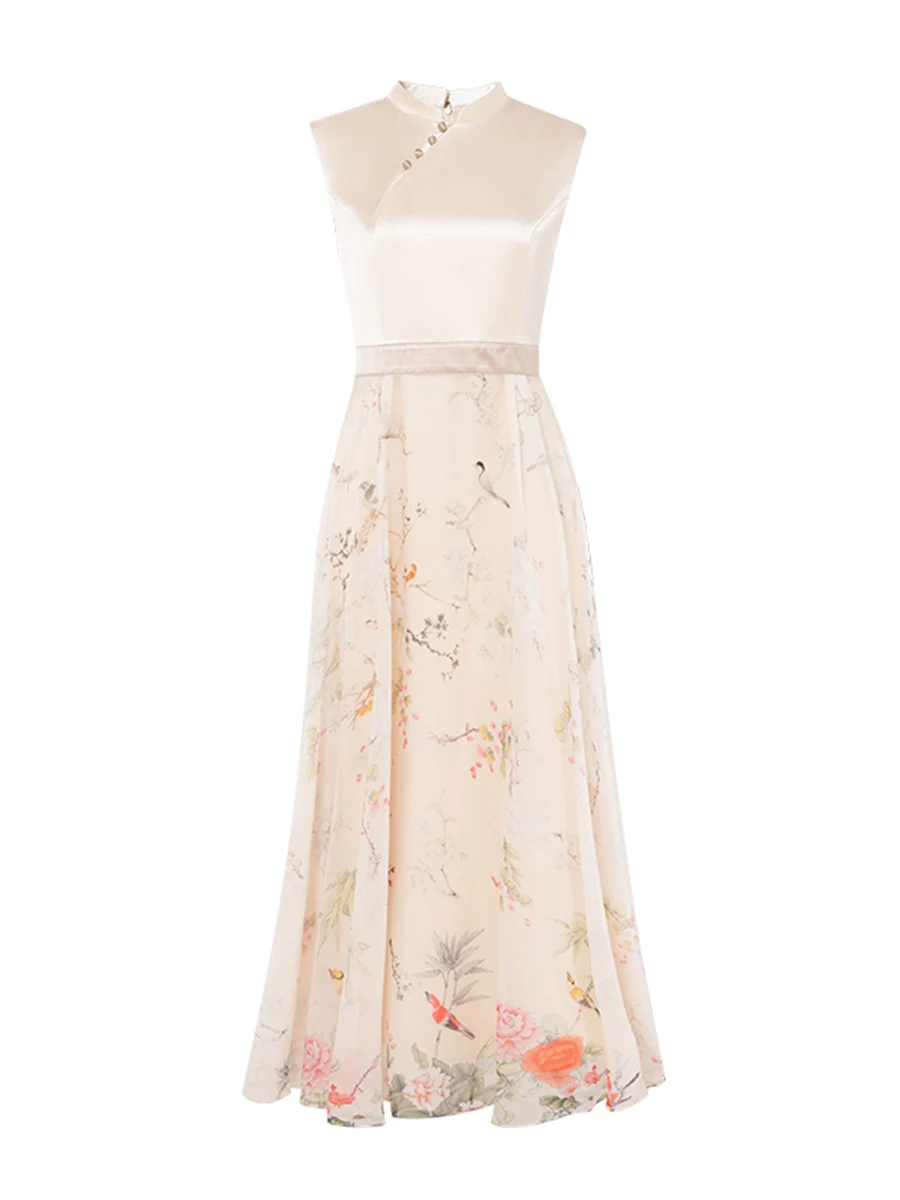 

Chinese Style Printed Cheongsam Dress 2021 Summer New Stand Collar High Waist Slim-Fit Maxi Dress Fashion Elegant Model Dress