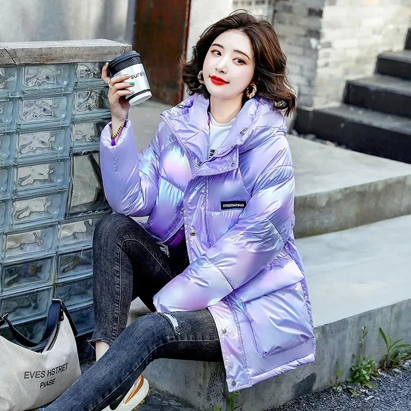 

Shiny Colorful Jacket Women Winter Thick Warm Sweet Hooded Windproof Parkas High Quality Female Down Cotton Padded Quilted Coat